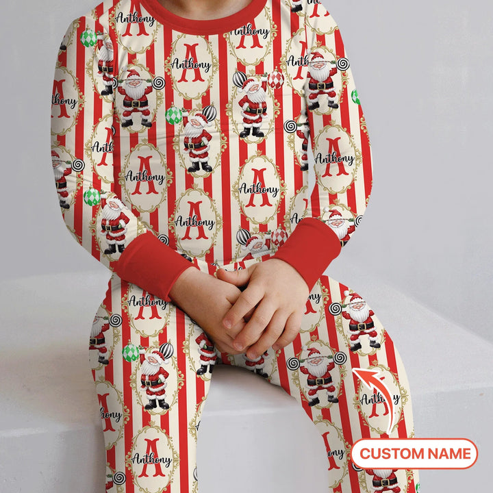 Custom Name Santa Stripes Two Piece Long Sleeve Pajama Set - Zumbamboo