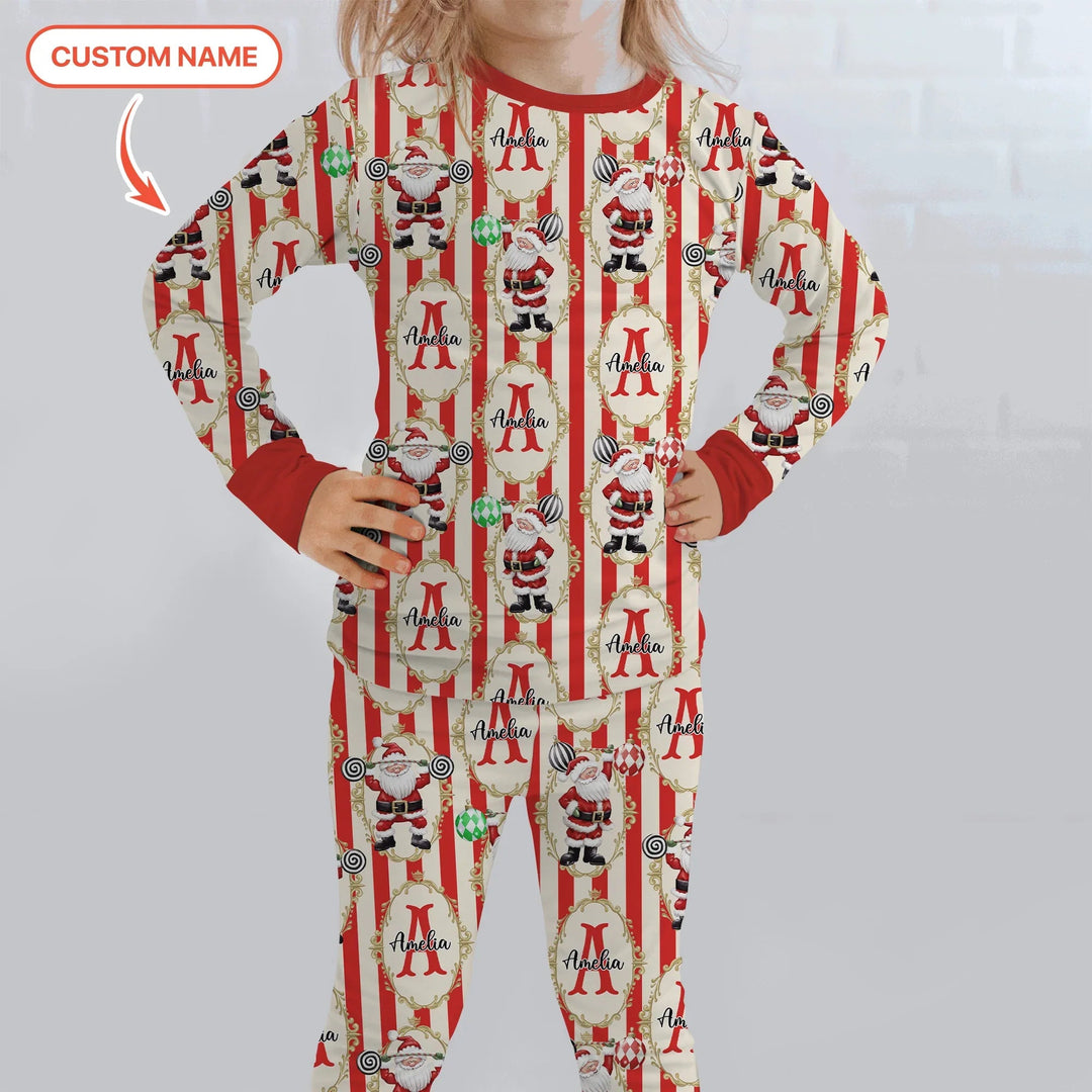 Custom Name Santa Stripes Two Piece Long Sleeve Pajama Set - Zumbamboo