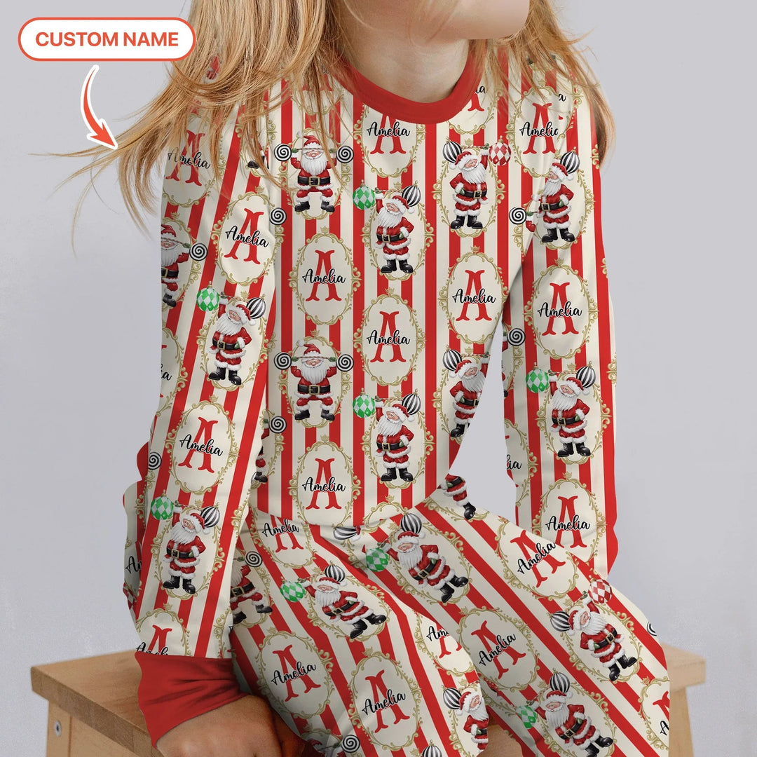 Custom Name Santa Stripes Two Piece Long Sleeve Pajama Set - Zumbamboo