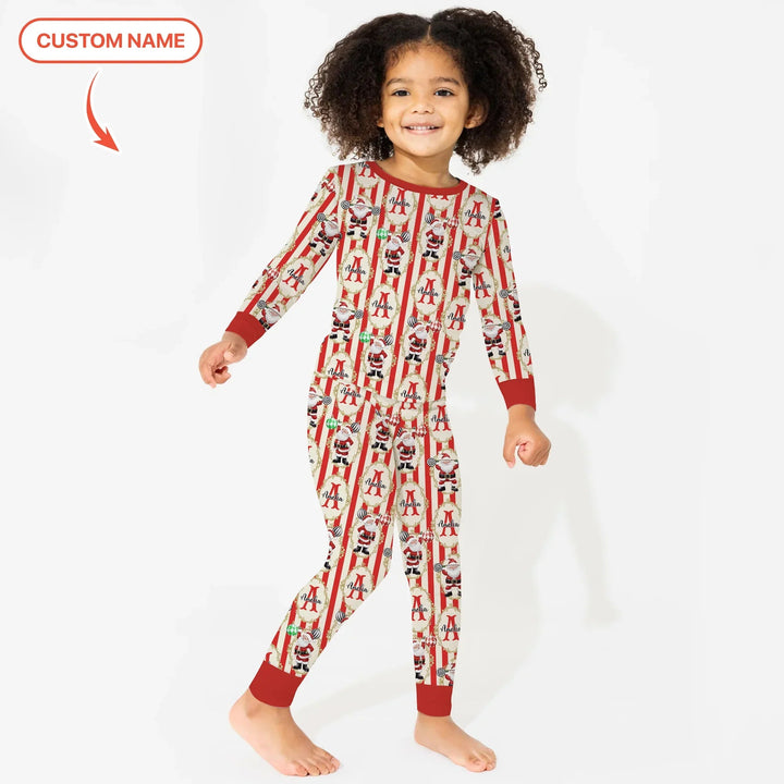 Custom Name Santa Stripes Two Piece Long Sleeve Pajama Set - Zumbamboo