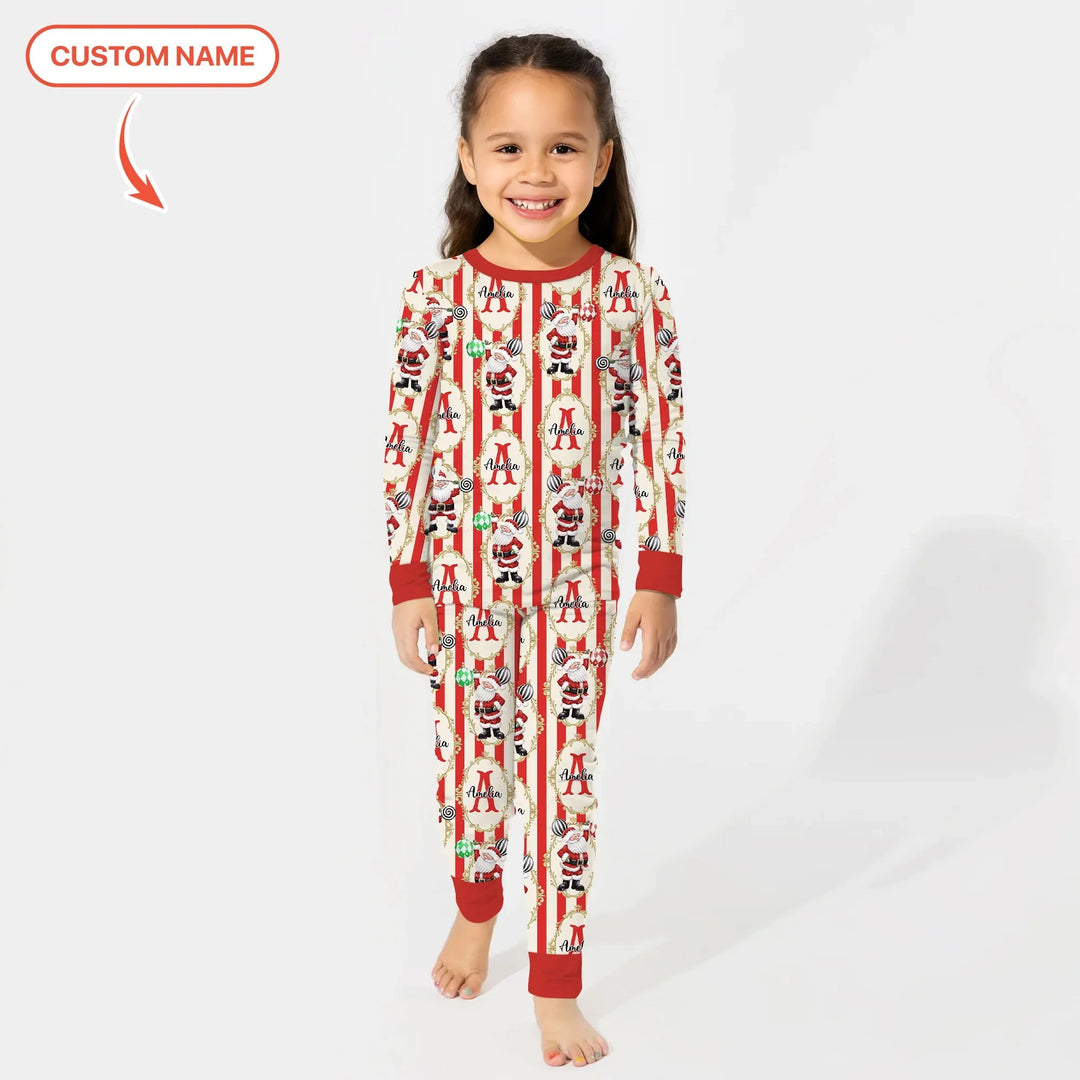 Custom Name Santa Stripes Two Piece Long Sleeve Pajama Set - Zumbamboo