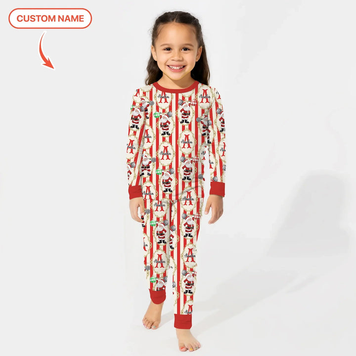 Custom Name Santa Stripes Two Piece Long Sleeve Pajama Set - Zumbamboo