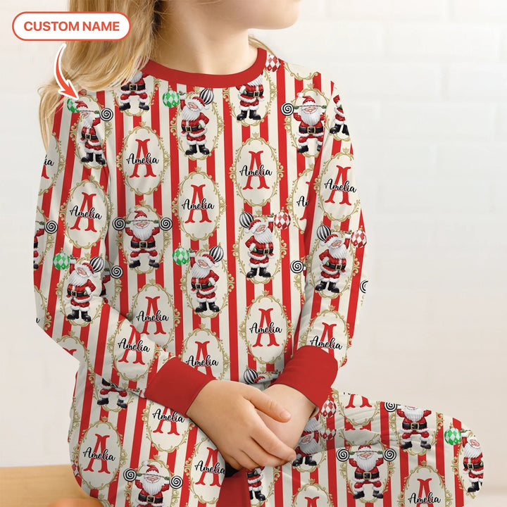 Custom Name Santa Stripes Two Piece Long Sleeve Pajama Set - Zumbamboo