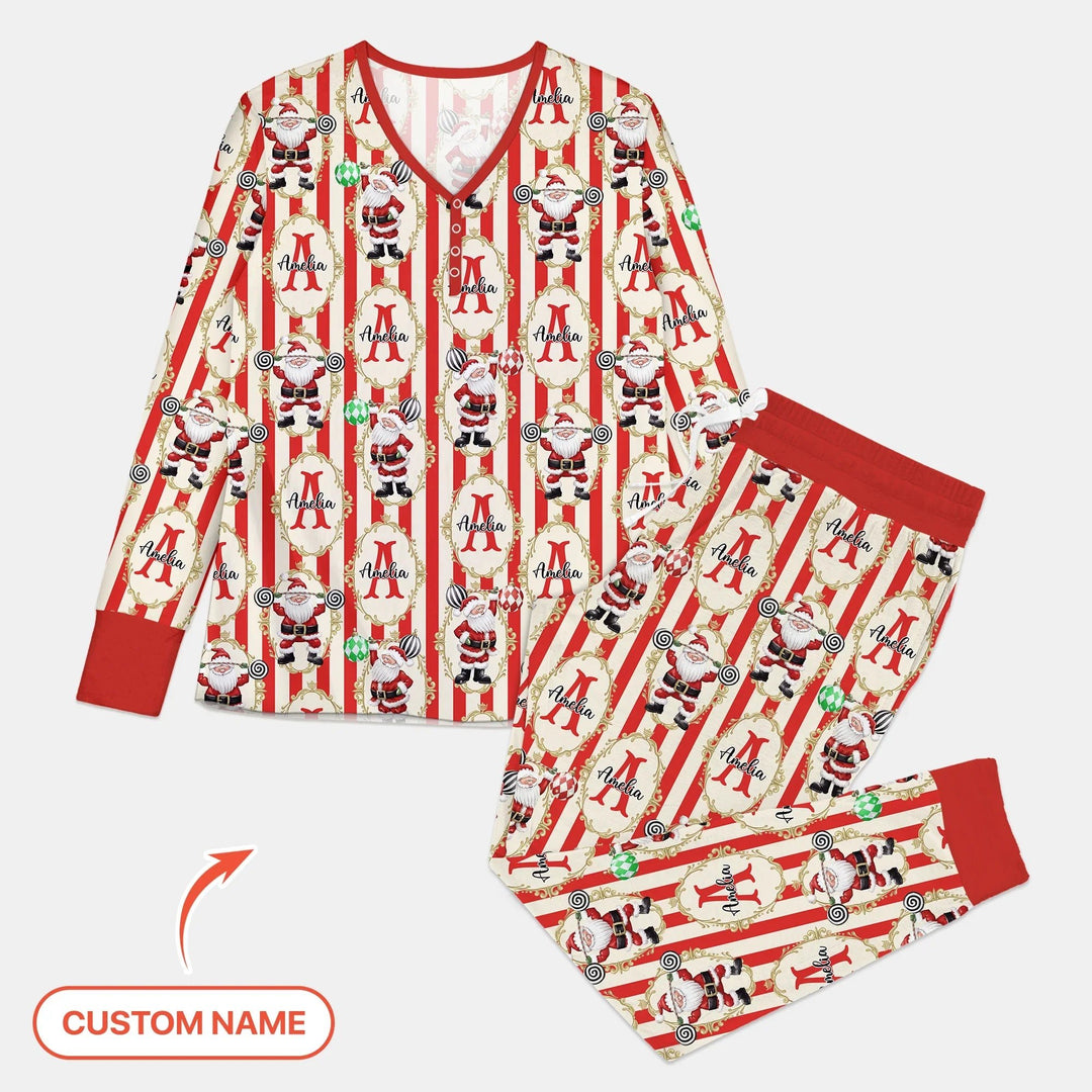 Custom Name Santa Stripes Women Pajama Set - Zumbamboo
