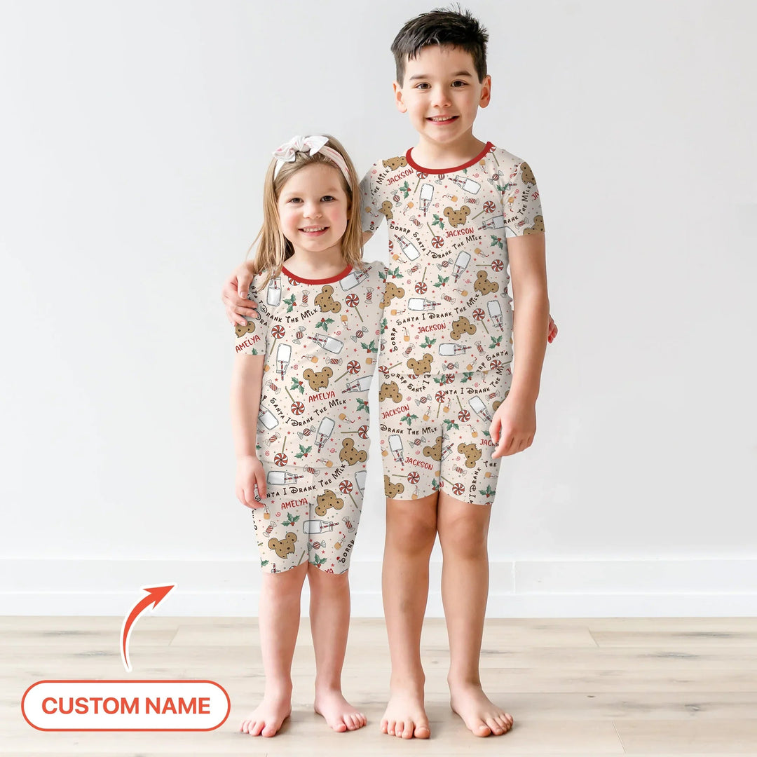 Custom Name Sorry Santa I Drank The Milk Two Piece Short Sleeve Shorts Pajama Set , Custom Name Sorry Santa I Drank The Milk Two Piece Short Sleeve Shorts Pajama Set - 12-18M