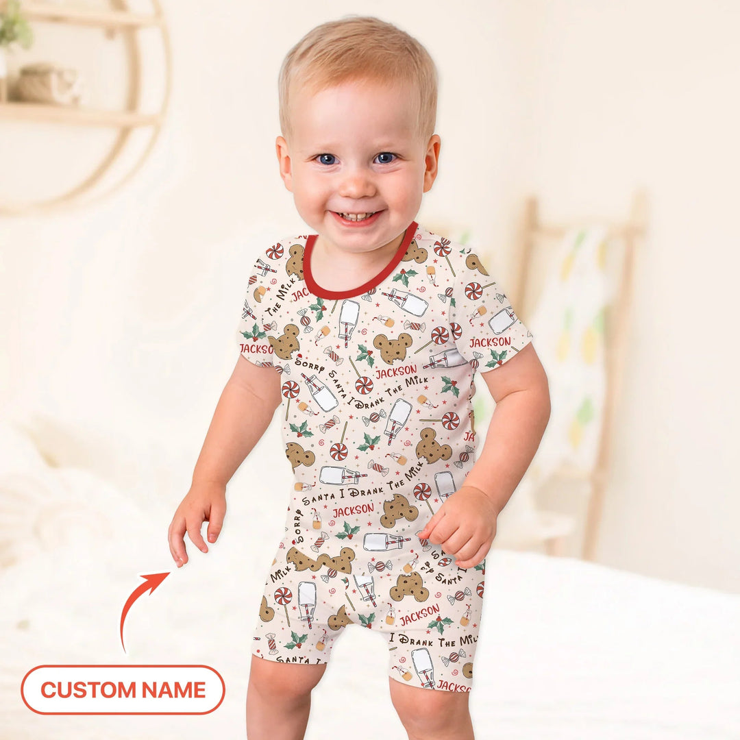 Custom Name Sorry Santa I Drank The Milk Two Piece Short Sleeve Shorts Pajama Set , Custom Name Sorry Santa I Drank The Milk Two Piece Short Sleeve Shorts Pajama Set - 12-18M