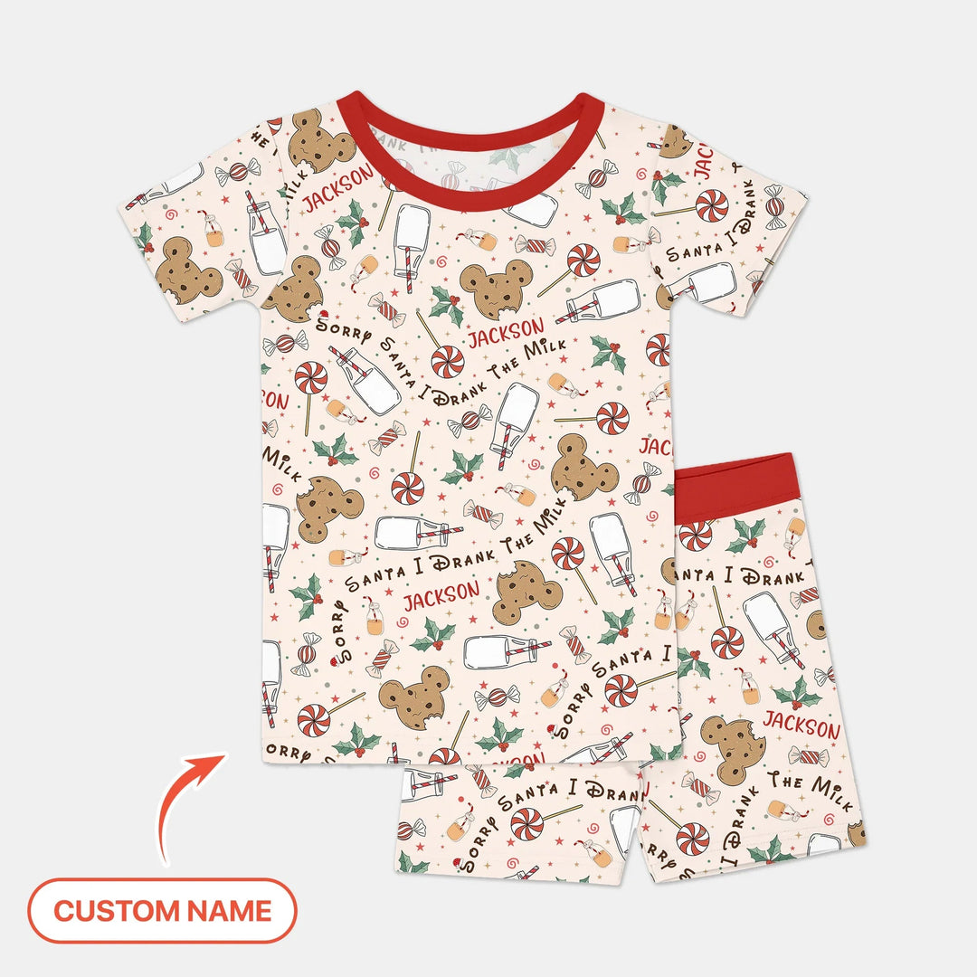 Custom Name Sorry Santa I Drank The Milk Two Piece Short Sleeve Shorts Pajama Set , Custom Name Sorry Santa I Drank The Milk Two Piece Short Sleeve Shorts Pajama Set - 12-18M