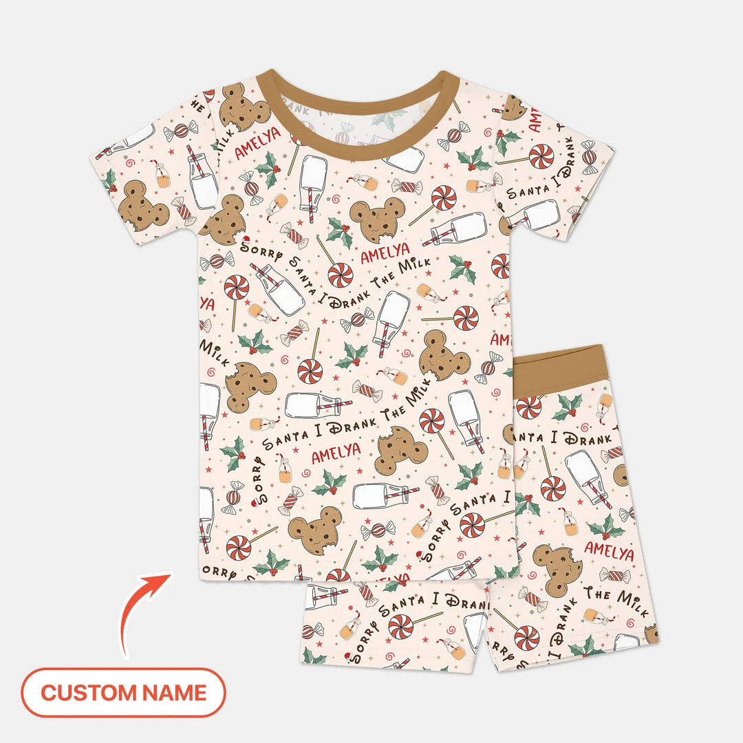 Custom Name Sorry Santa I Drank The Milk Two Piece Short Sleeve Shorts Pajama Set , Custom Name Sorry Santa I Drank The Milk Two Piece Short Sleeve Shorts Pajama Set - 12-18M