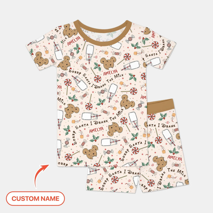 Custom Name Sorry Santa I Drank The Milk Two Piece Short Sleeve Shorts Pajama Set , Custom Name Sorry Santa I Drank The Milk Two Piece Short Sleeve Shorts Pajama Set - 12-18M