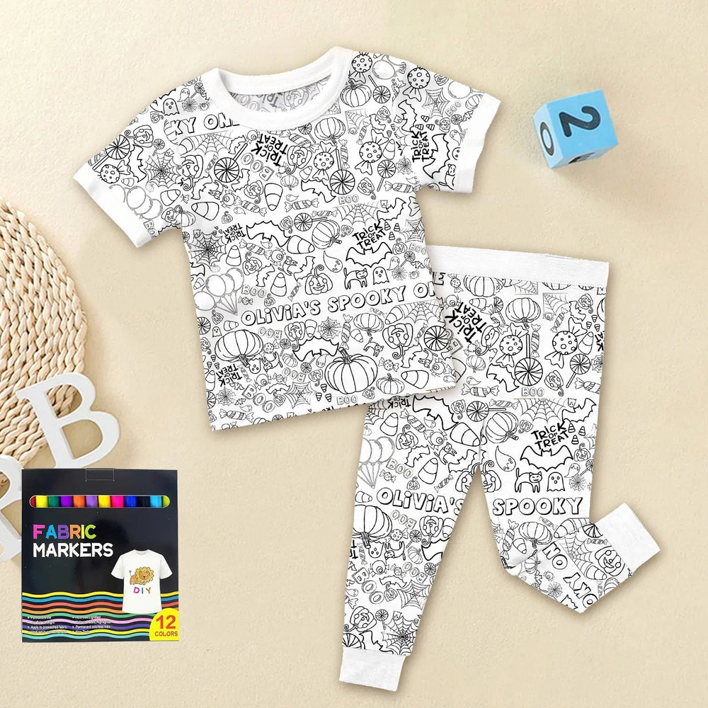 Custom Name Spooky Colorable Halloween Two Piece Short Sleeve Pajama Set - Zumbamboo