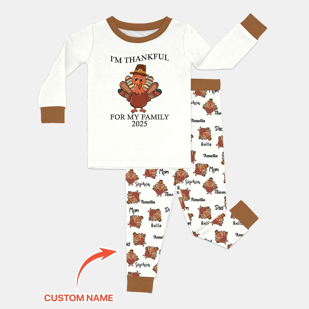Custom Name Thanksgiving Family Matching Two Piece Long Sleeve Pajama Set - Zumbamboo
