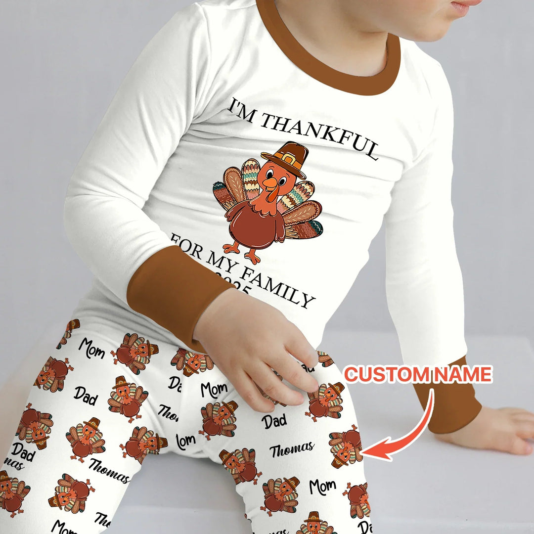 Custom Name Thanksgiving Family Matching Two Piece Long Sleeve Pajama Set - Zumbamboo
