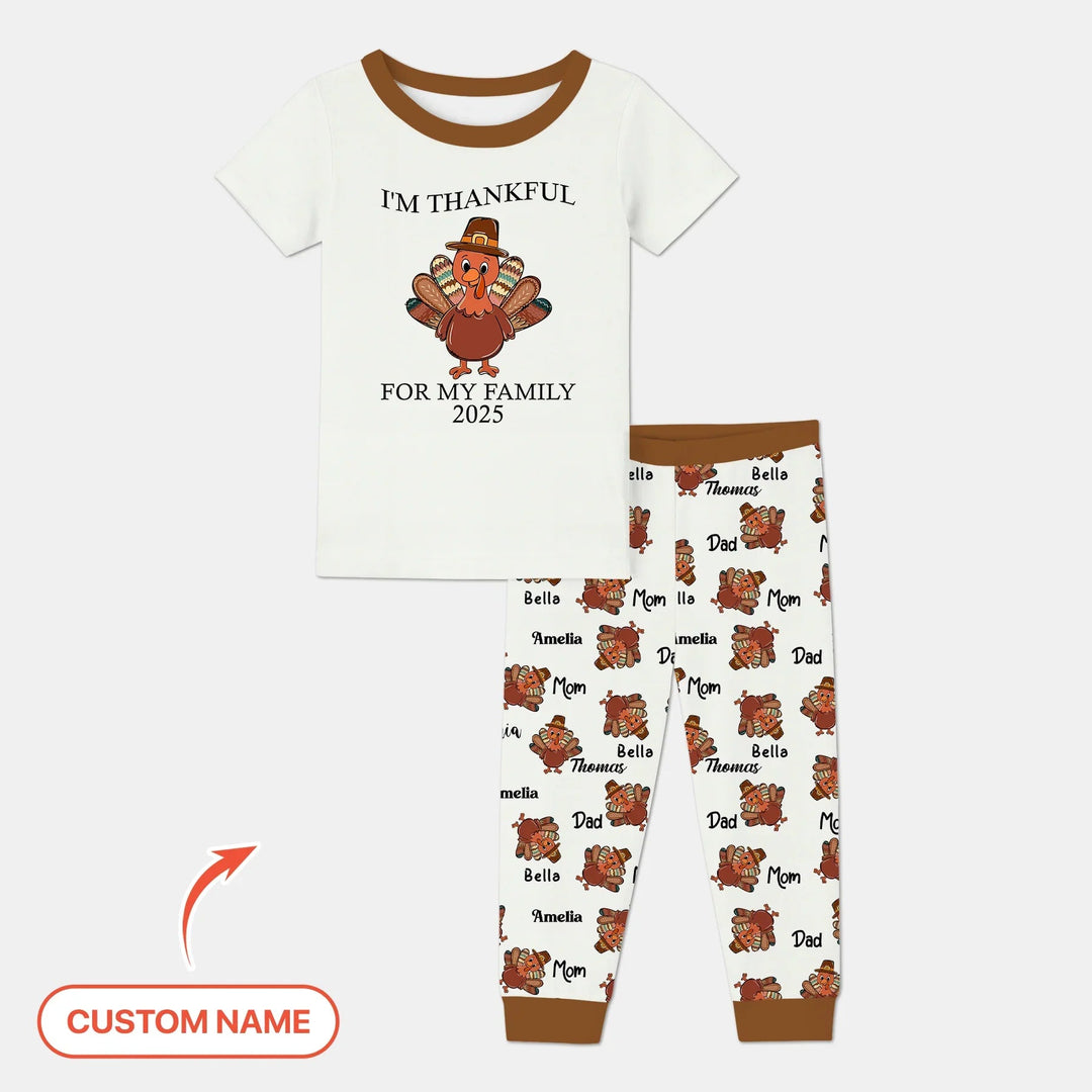 Custom Name Thanksgiving Family Matching Two Piece Short Sleeve Pajama Set - Zumbamboo