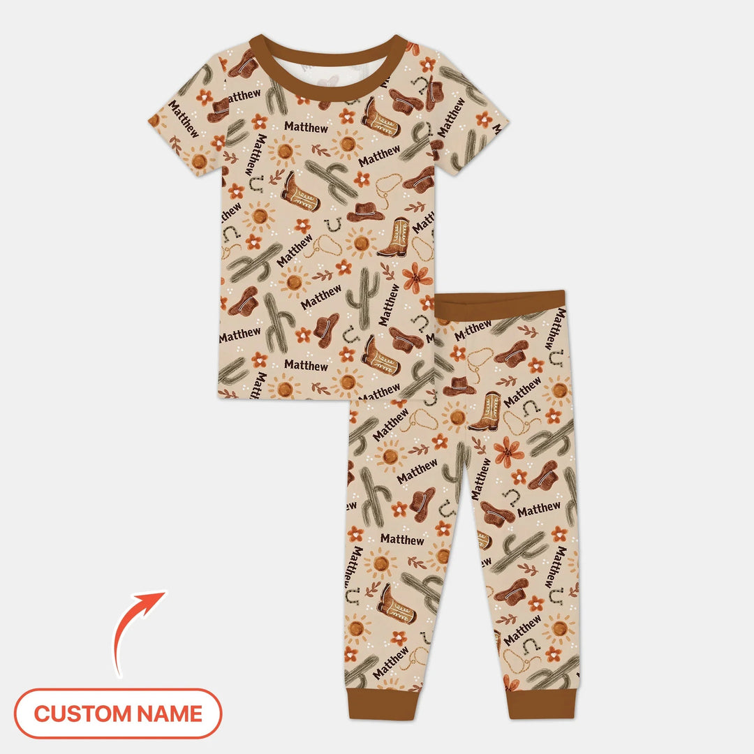 Custom Name Western Cowboy Stuff Two Piece Short Sleeve Pajama Set - Zumbamboo