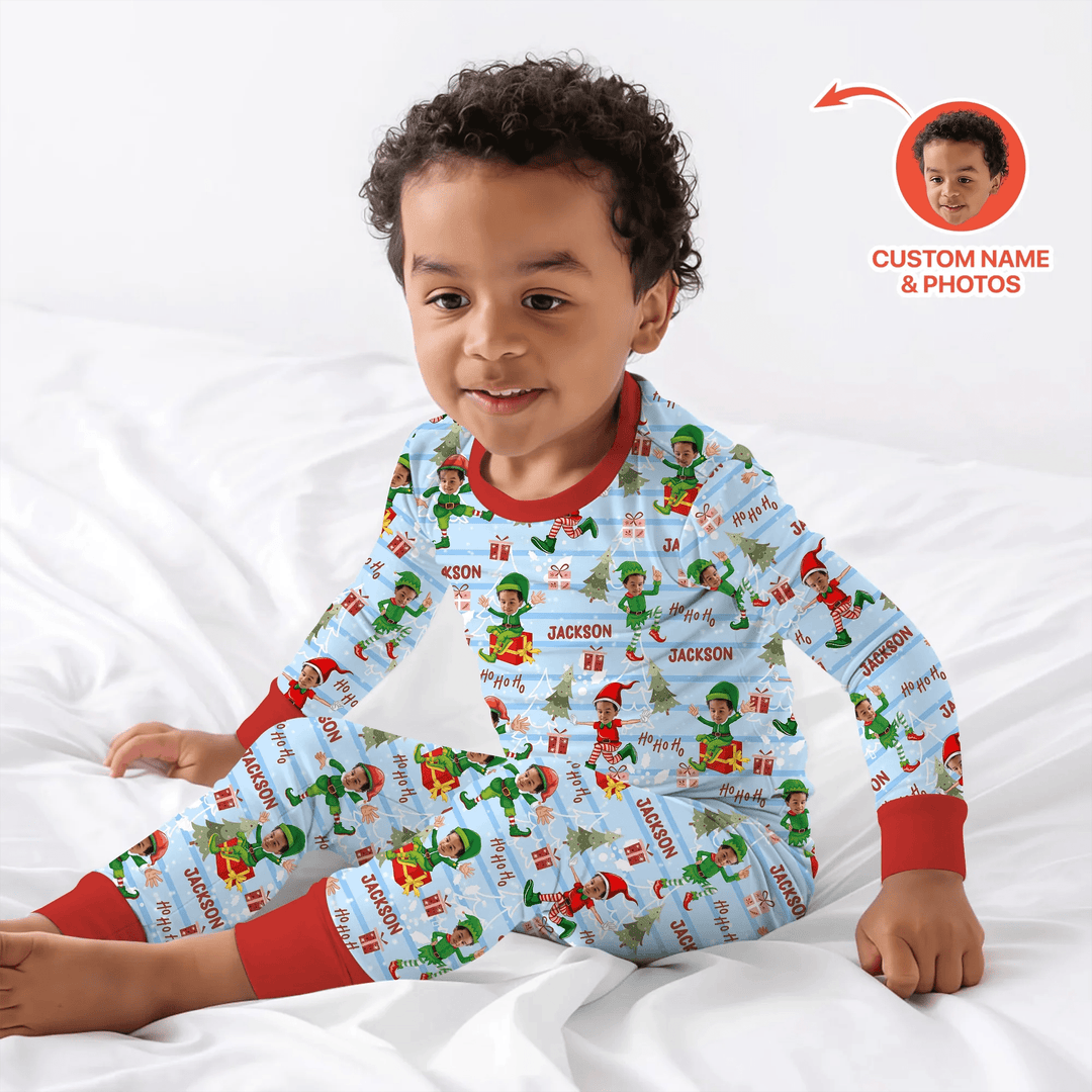 Custom Photo Baby Christmas Elf Two Piece Long Sleeve Pajama Set - Zumbamboo