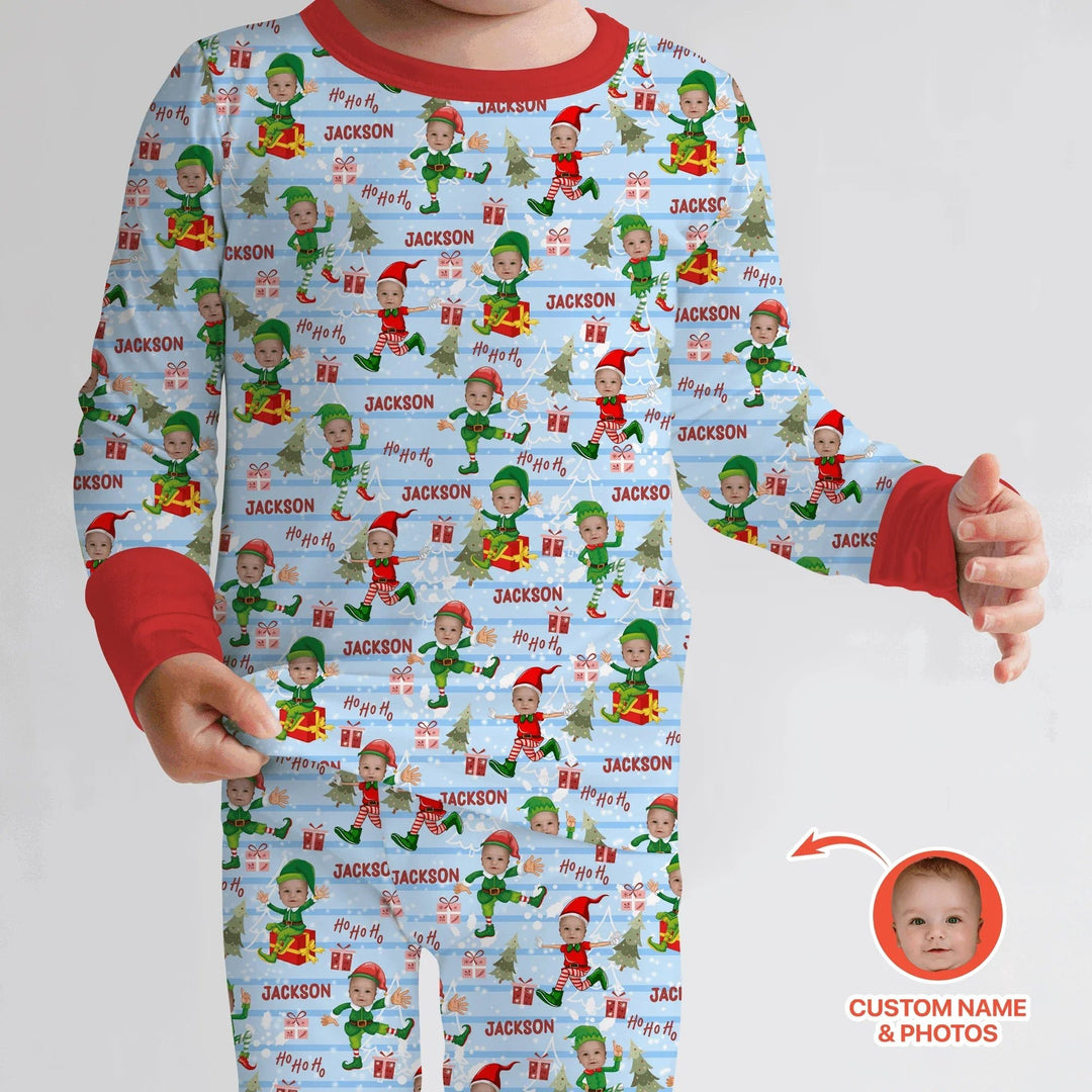 Custom Photo Baby Christmas Elf Two Piece Long Sleeve Pajama Set - Zumbamboo