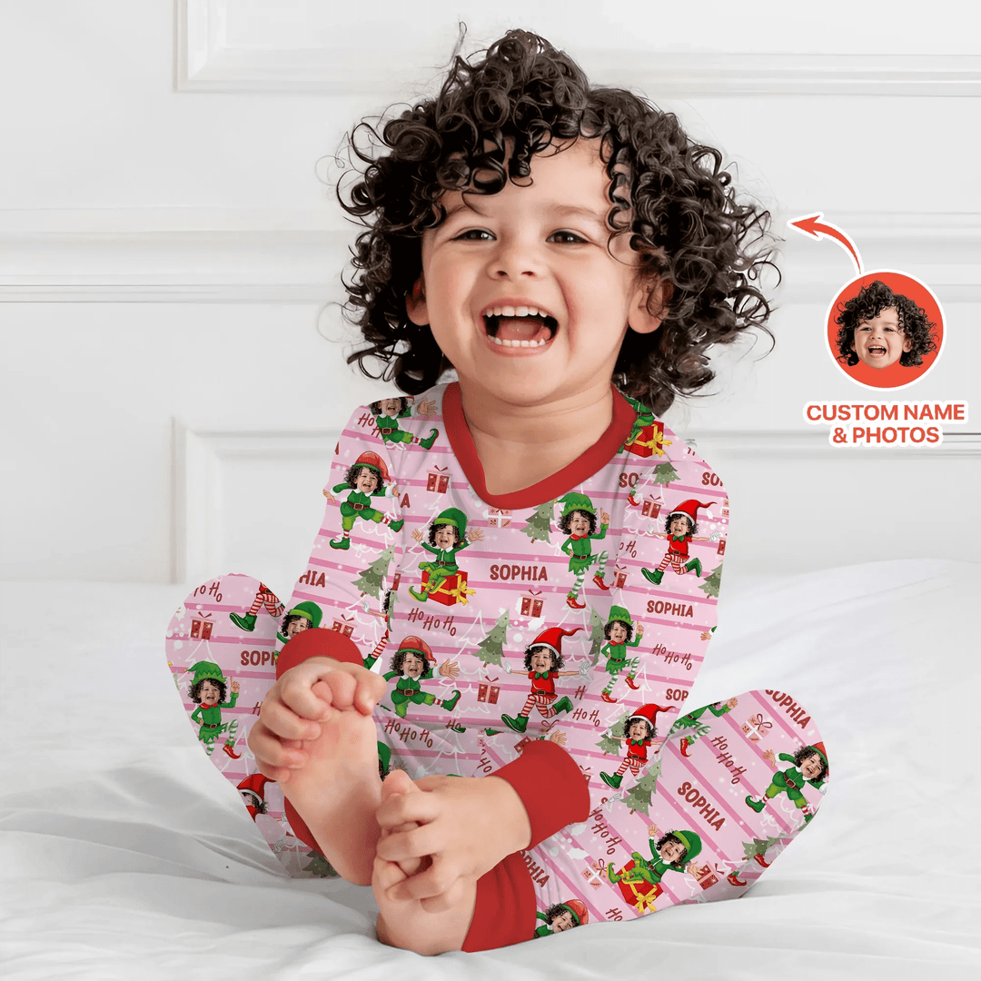 Custom Photo Baby Christmas Elf Two Piece Long Sleeve Pajama Set - Zumbamboo