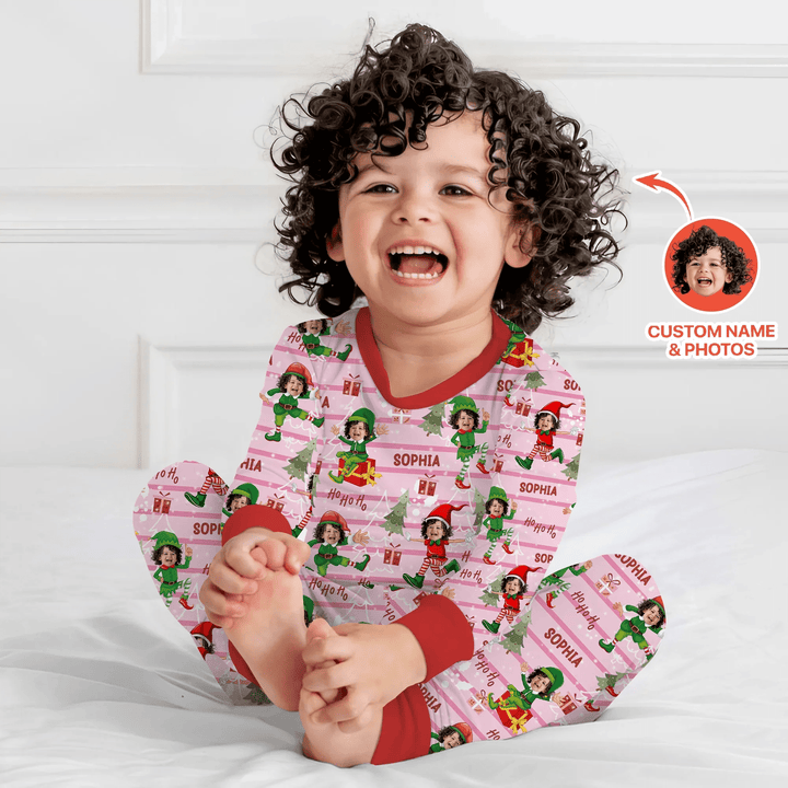 Custom Photo Baby Christmas Elf Two Piece Long Sleeve Pajama Set - Zumbamboo