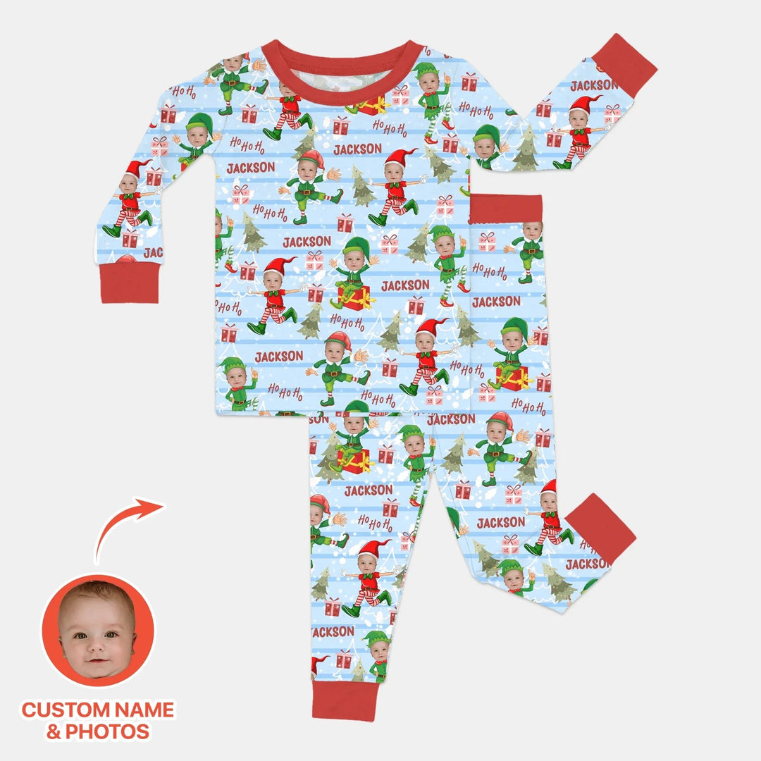 Custom Photo Baby Christmas Elf Two Piece Long Sleeve Pajama Set - Zumbamboo