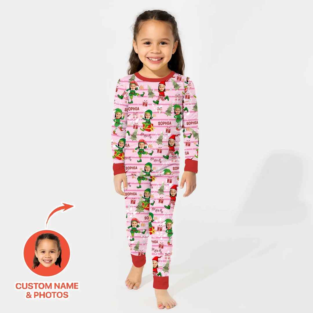 Custom Photo Baby Christmas Elf Two Piece Long Sleeve Pajama Set - Zumbamboo