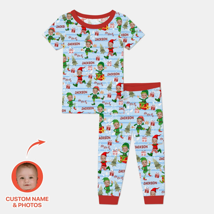 Custom Photo Baby Christmas Elf Two Piece Short Sleeve Pajama Set - Zumbamboo
