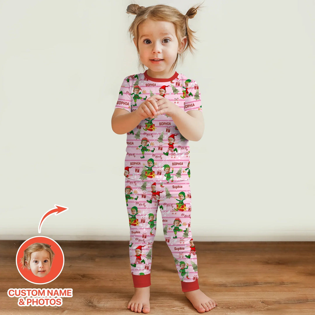 Custom Photo Baby Christmas Elf Two Piece Short Sleeve Pajama Set - Zumbamboo