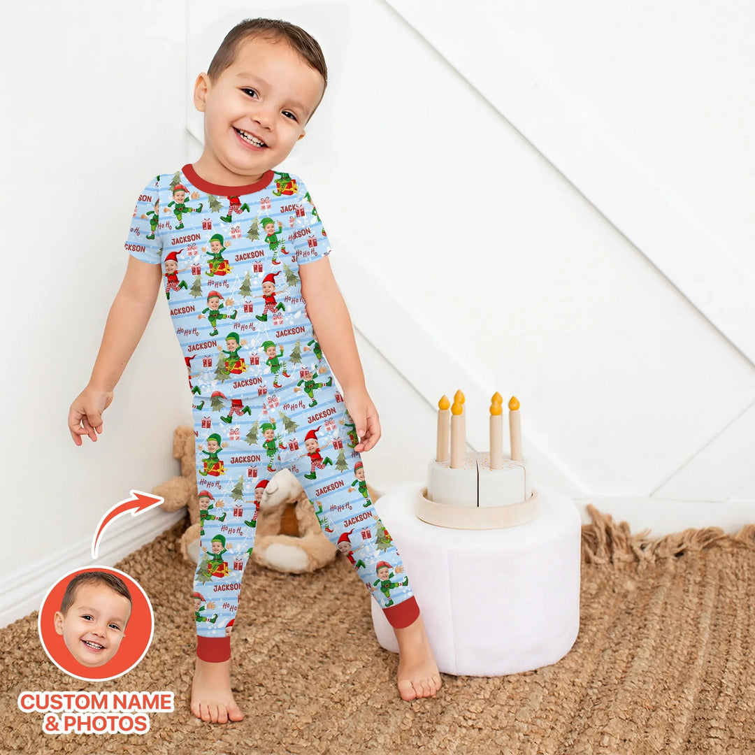 Custom Photo Baby Christmas Elf Two Piece Short Sleeve Pajama Set - Zumbamboo