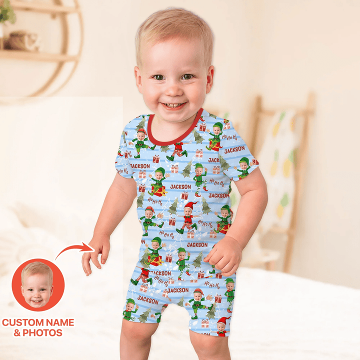 Custom Photo Baby Christmas Elf Two Piece Short Sleeve Shorts Pajama Set - Zumbamboo