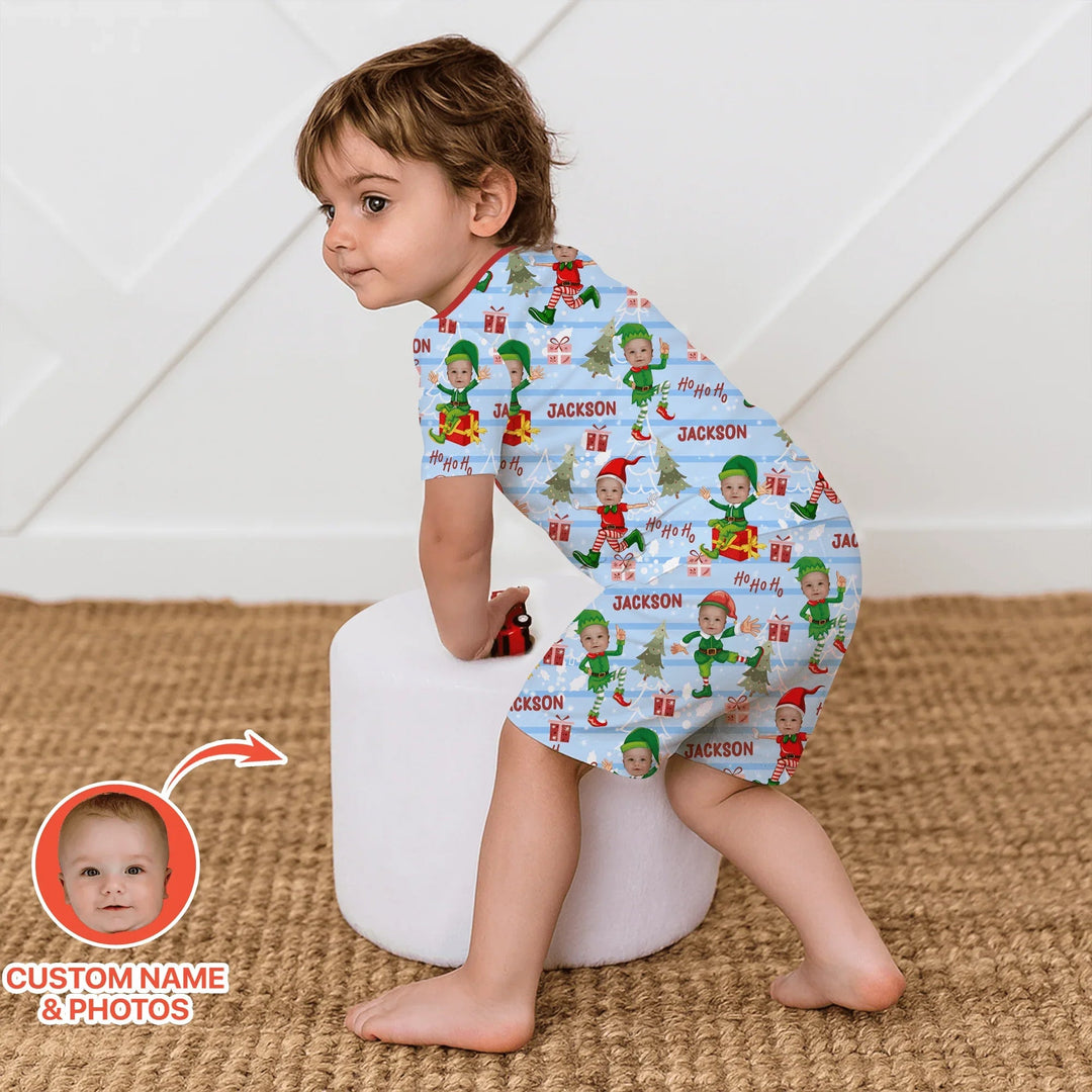 Custom Photo Baby Christmas Elf Two Piece Short Sleeve Shorts Pajama Set - Zumbamboo
