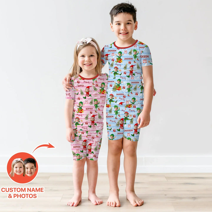 Custom Photo Baby Christmas Elf Two Piece Short Sleeve Shorts Pajama Set - Zumbamboo