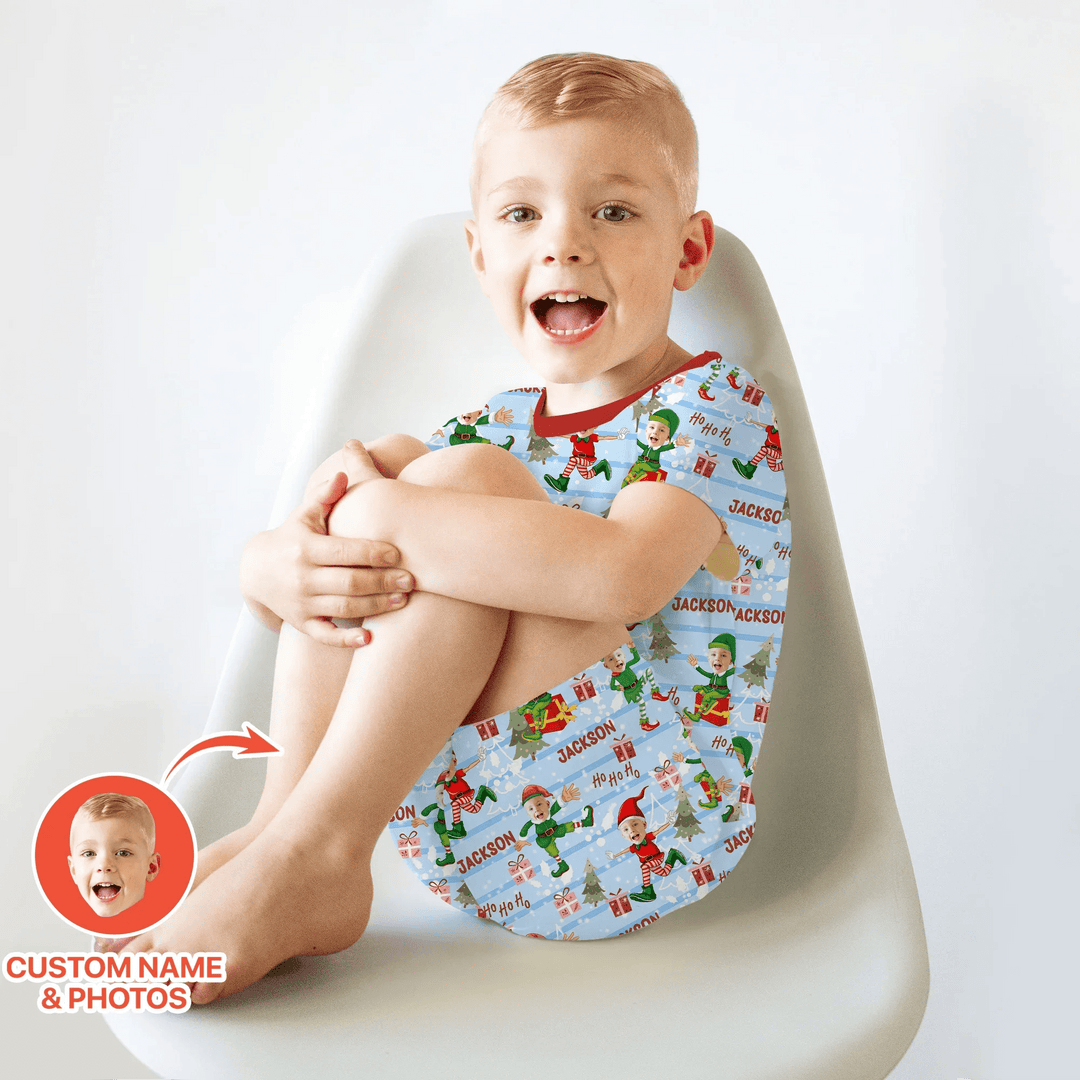Custom Photo Baby Christmas Elf Two Piece Short Sleeve Shorts Pajama Set - Zumbamboo