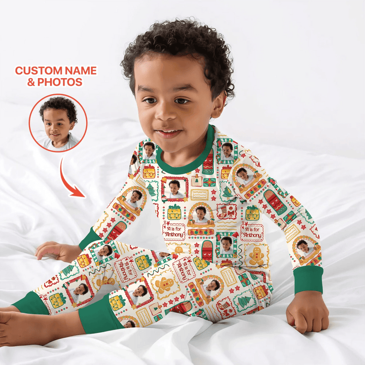 Custom Photo Christmas Frame Custom Name Two Piece Long Sleeve Pajama Set - Zumbamboo