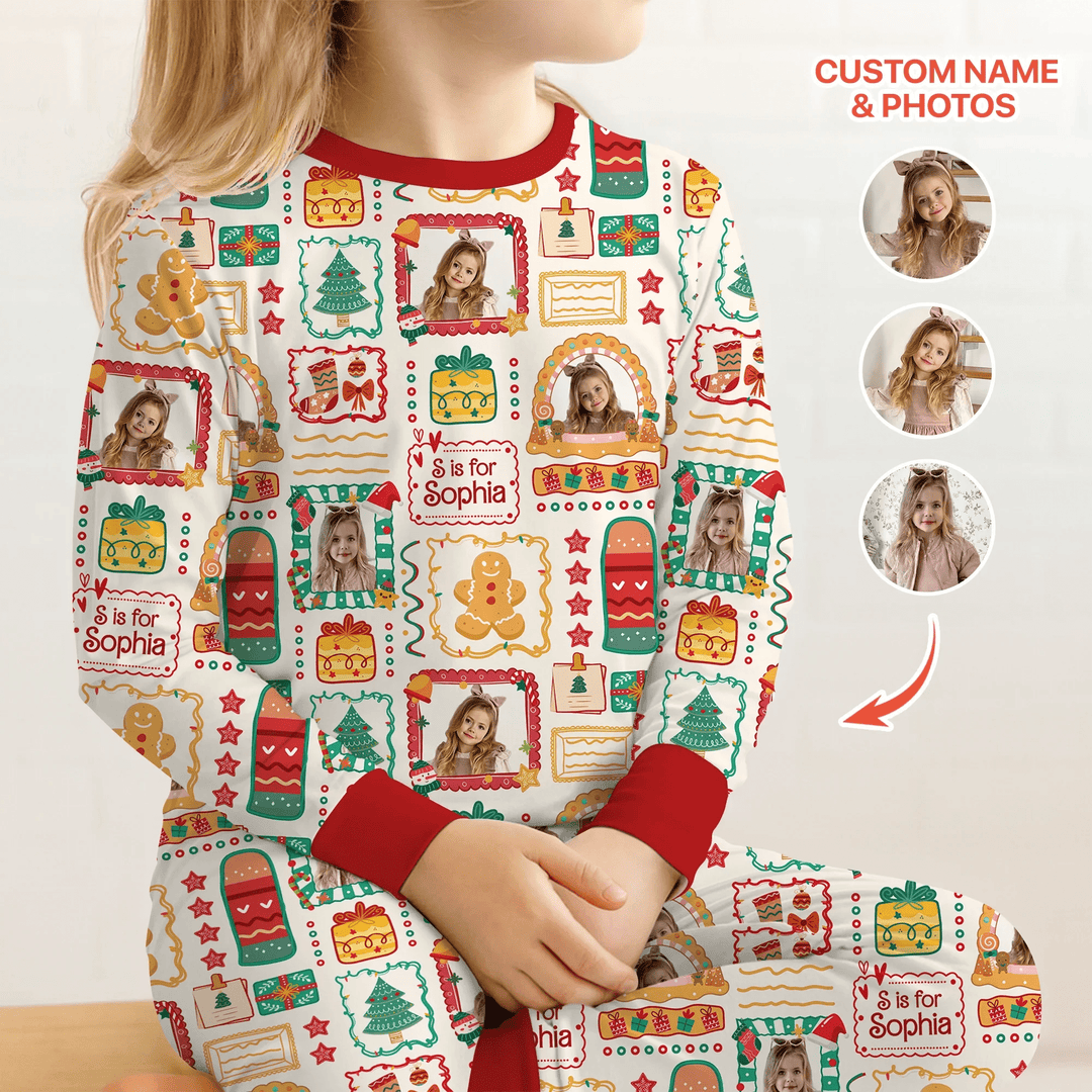 Custom Photo Christmas Frame Custom Name Two Piece Long Sleeve Pajama Set - Zumbamboo