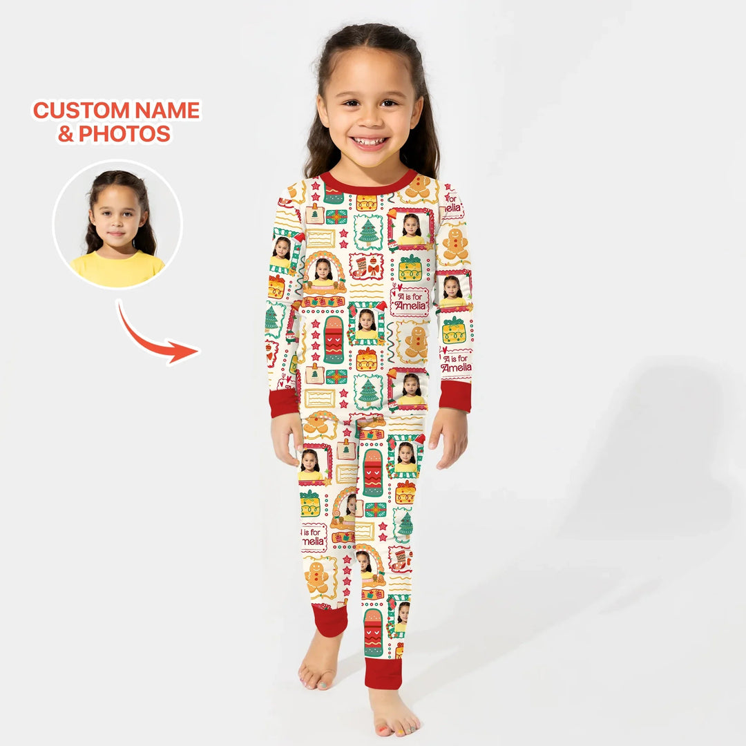 Custom Photo Christmas Frame Custom Name Two Piece Long Sleeve Pajama Set - Zumbamboo