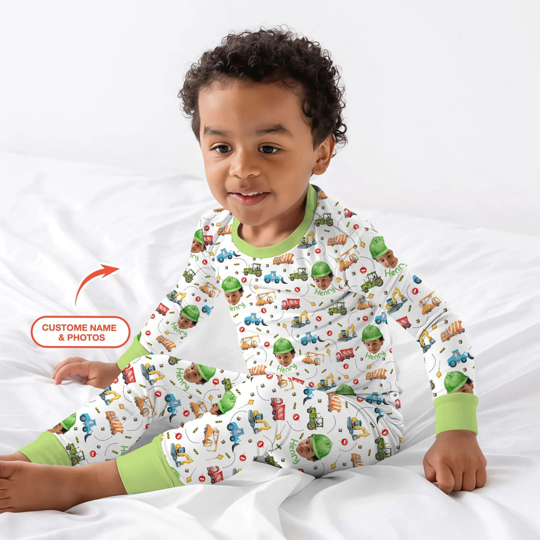 Custom Photo Little Construction Heroes Two Piece Long Sleeve Pajama Set - Zumbamboo