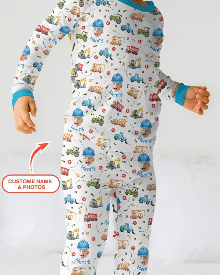 Custom Photo Little Construction Heroes Two Piece Long Sleeve Pajama Set - Zumbamboo