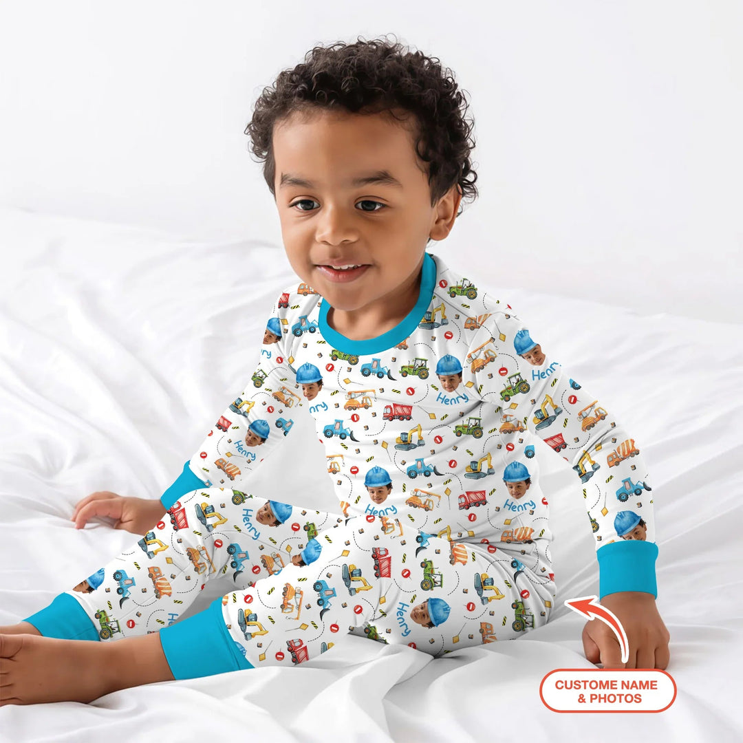 Custom Photo Little Construction Heroes Two Piece Long Sleeve Pajama Set - Zumbamboo
