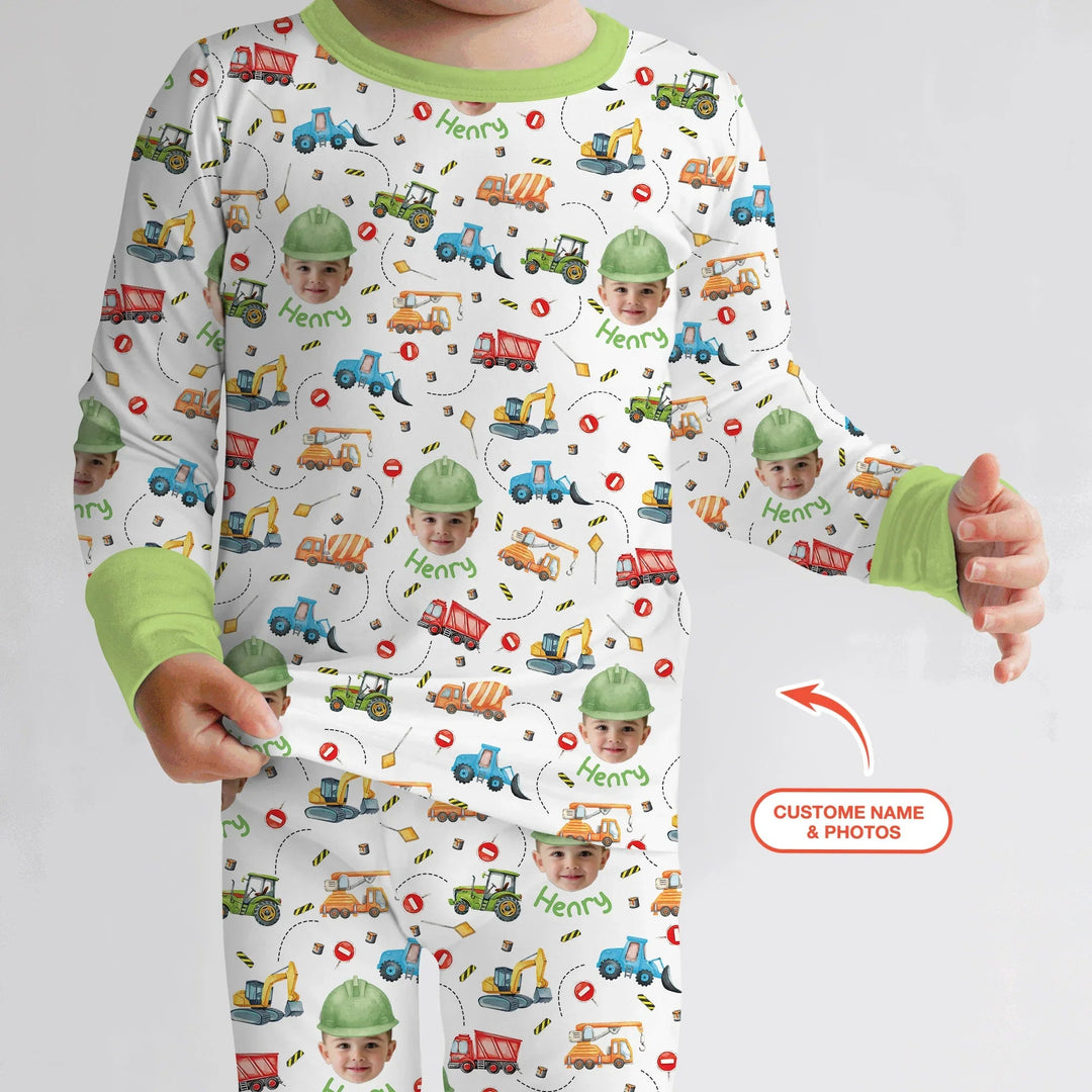 Custom Photo Little Construction Heroes Two Piece Long Sleeve Pajama Set - Zumbamboo