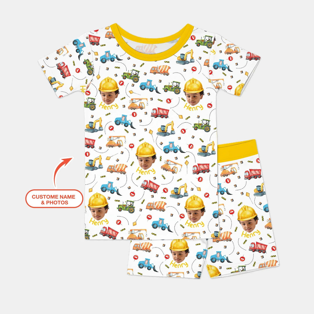 Custom Photo Little Construction Heroes Two Piece Short Sleeve Shorts Pajama Set , Custom Photo Little Construction Heroes Two Piece Short Sleeve Shorts Pajama Set - 12-18M