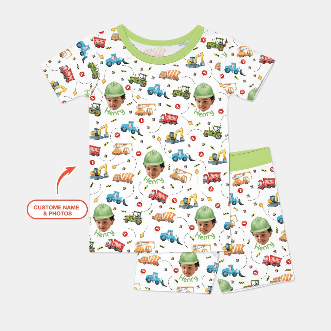 Custom Photo Little Construction Heroes Two Piece Short Sleeve Shorts Pajama Set , Custom Photo Little Construction Heroes Two Piece Short Sleeve Shorts Pajama Set - 12-18M