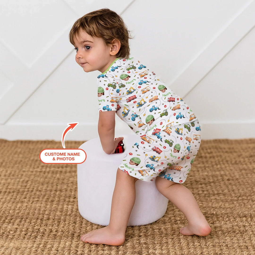 Custom Photo Little Construction Heroes Two Piece Short Sleeve Shorts Pajama Set , Custom Photo Little Construction Heroes Two Piece Short Sleeve Shorts Pajama Set - 12-18M