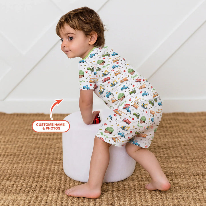 Custom Photo Little Construction Heroes Two Piece Short Sleeve Shorts Pajama Set , Custom Photo Little Construction Heroes Two Piece Short Sleeve Shorts Pajama Set - 12-18M
