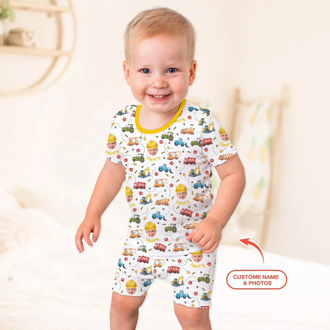 Custom Photo Little Construction Heroes Two Piece Short Sleeve Shorts Pajama Set , Custom Photo Little Construction Heroes Two Piece Short Sleeve Shorts Pajama Set - 12-18M