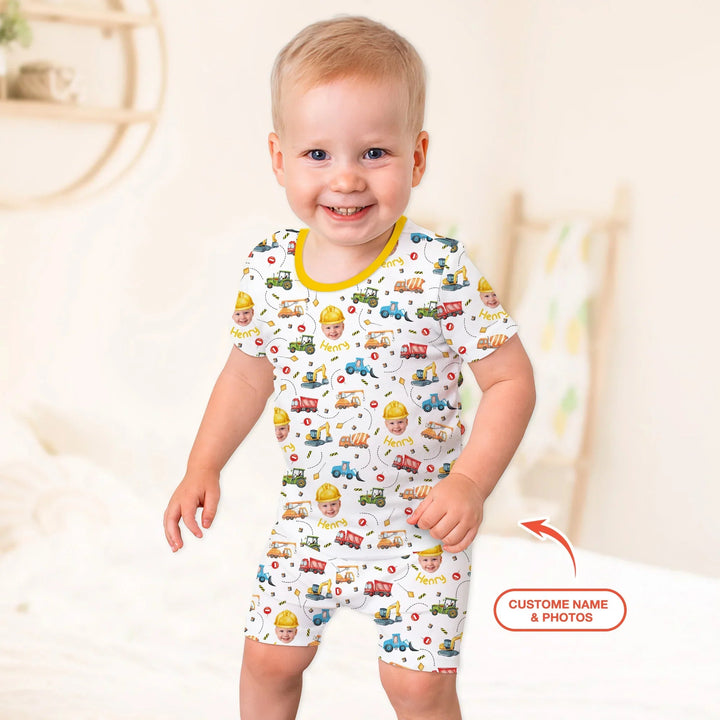 Custom Photo Little Construction Heroes Two Piece Short Sleeve Shorts Pajama Set , Custom Photo Little Construction Heroes Two Piece Short Sleeve Shorts Pajama Set - 12-18M