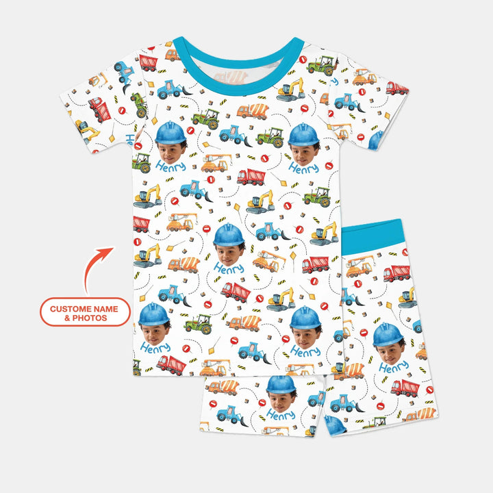 Custom Photo Little Construction Heroes Two Piece Short Sleeve Shorts Pajama Set , Custom Photo Little Construction Heroes Two Piece Short Sleeve Shorts Pajama Set - 12-18M