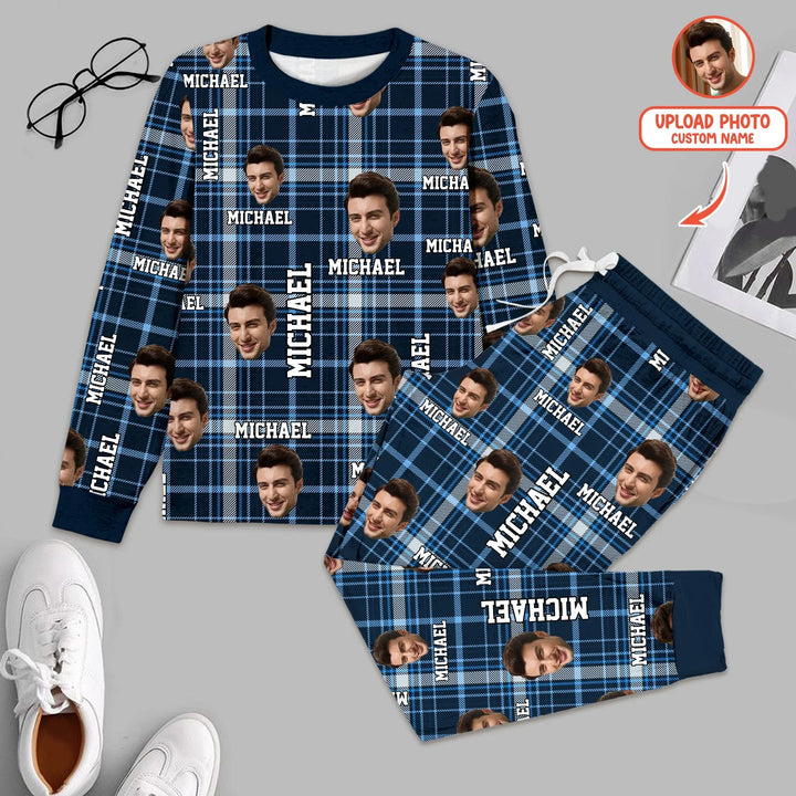 Custom Photo & Name Christmas Plaid Two Piece Long Sleeve Pajama Set - Zumbamboo