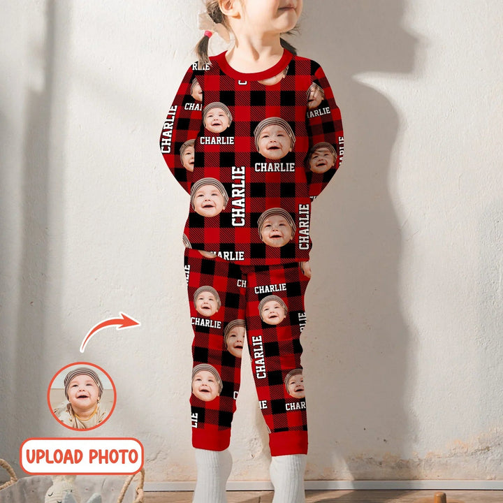 Custom Photo & Name Christmas Plaid Two Piece Long Sleeve Pajama Set - Zumbamboo