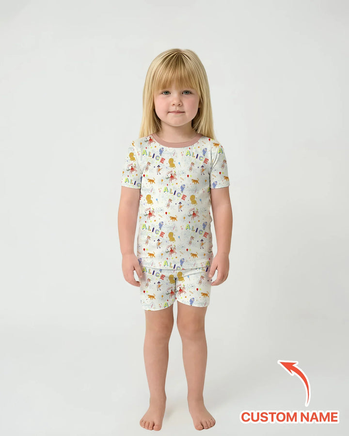 Custom Name Circus Toile Bamboo Two Piece Short Sleeve Shorts Pajama Set