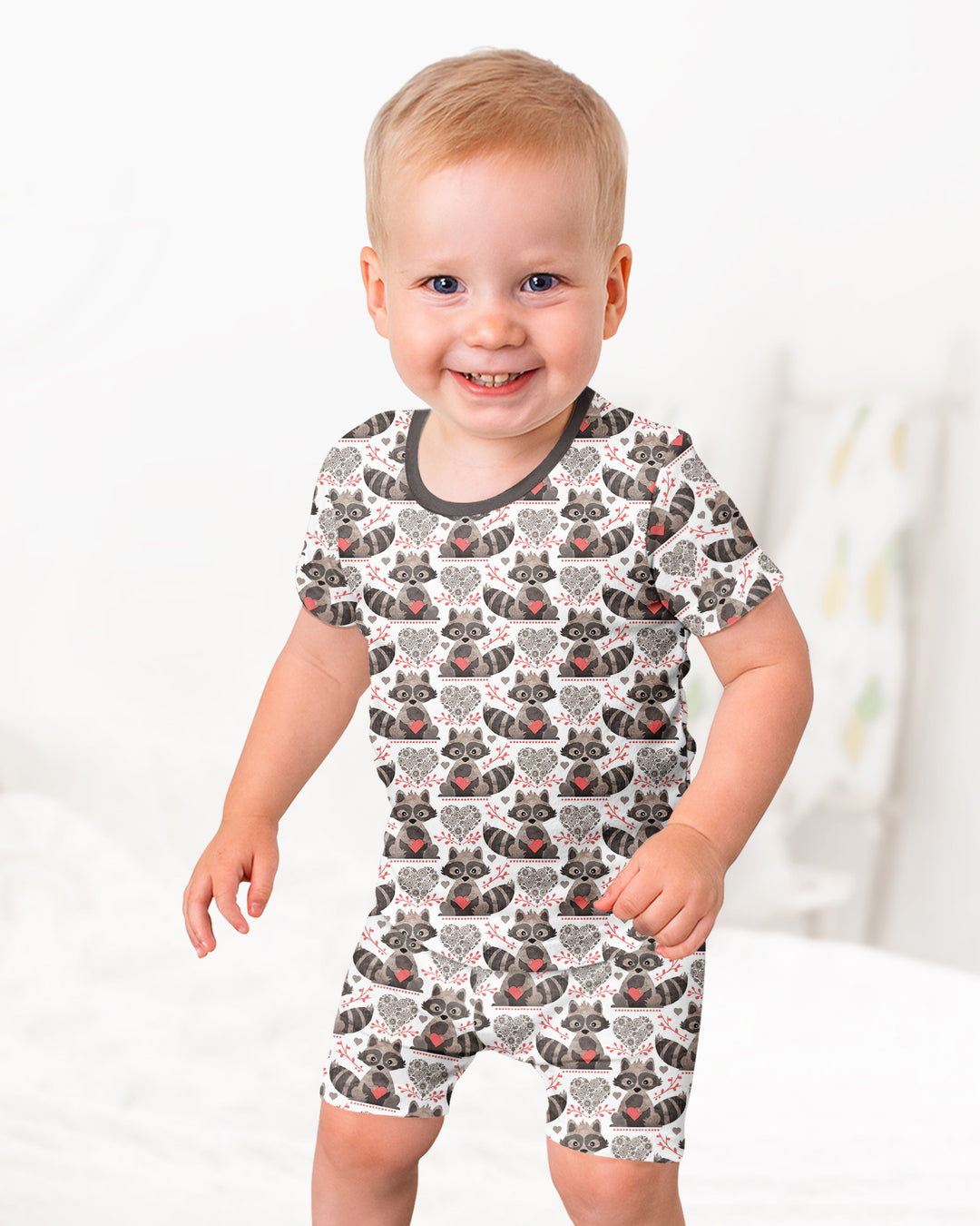 Valentine Racoon Bamboo Two Piece Short Sleeve Shorts Pajama Set