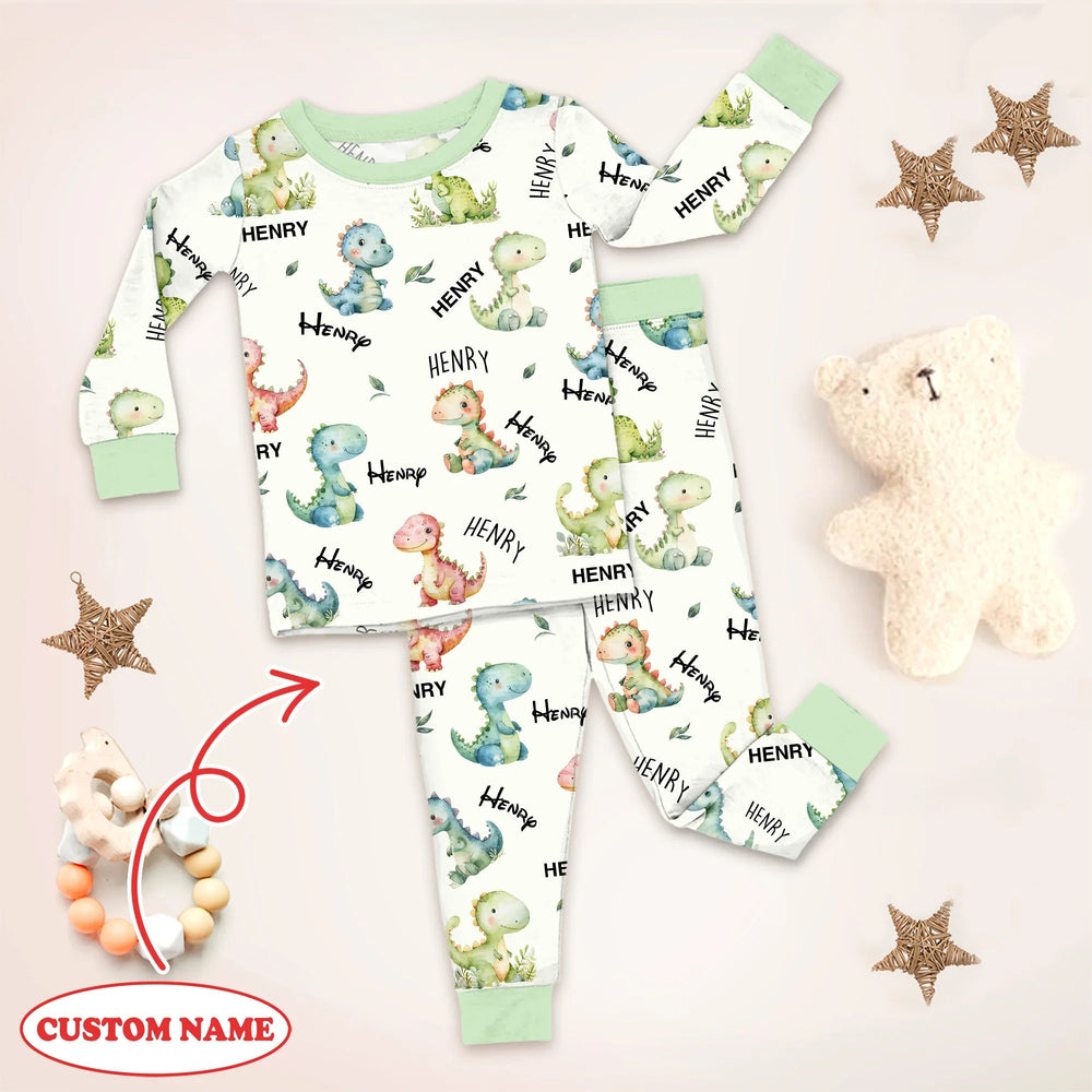 Dinosaur Custom Name Two Piece Long Sleeve Pajama Set - Zumbamboo